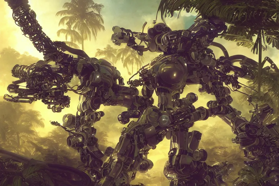 Image similar to an extreme close - up of a cyborg mecha nymph playing with a giant insect surrounded by saxophones, palm trees, jungle fruit, and stylized designer modular chrome eye candy, volumetric light caustics clouds of smoke, by hajime soryama, boris vallejo, bouguereau