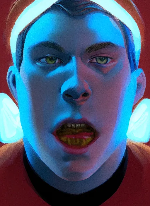 Image similar to portrait of high school senior boy named big moose, blonde short hair, jock, beefy, wide face, square jaw, square facial structure, blue varsity jacket with letter r, intricate, elegant, glowing lights, highly detailed, digital painting, artstation, concept art, sharp focus, illustration, art by wlop, mars ravelo and greg rutkowski