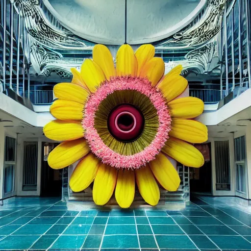 Image similar to giant flower head, frontal, girl standing in mid century hotel, surreal, symmetry, bright colors, cinematic, wes anderson