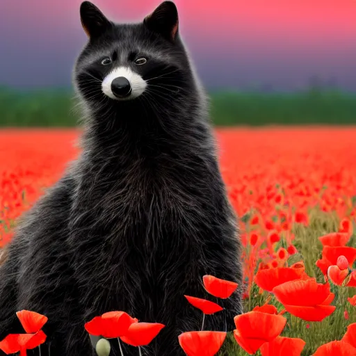 Prompt: a closeup photorealistic photograph of a two different black adult cats sitting on 4 paws next to big a black and white adult racoon in a field of poppy with a red sunset in the background. This 4K HD image is Trending on Artstation, featured on Behance, well-rendered, extra crisp, features intricate detail and the style of Unreal Engine.