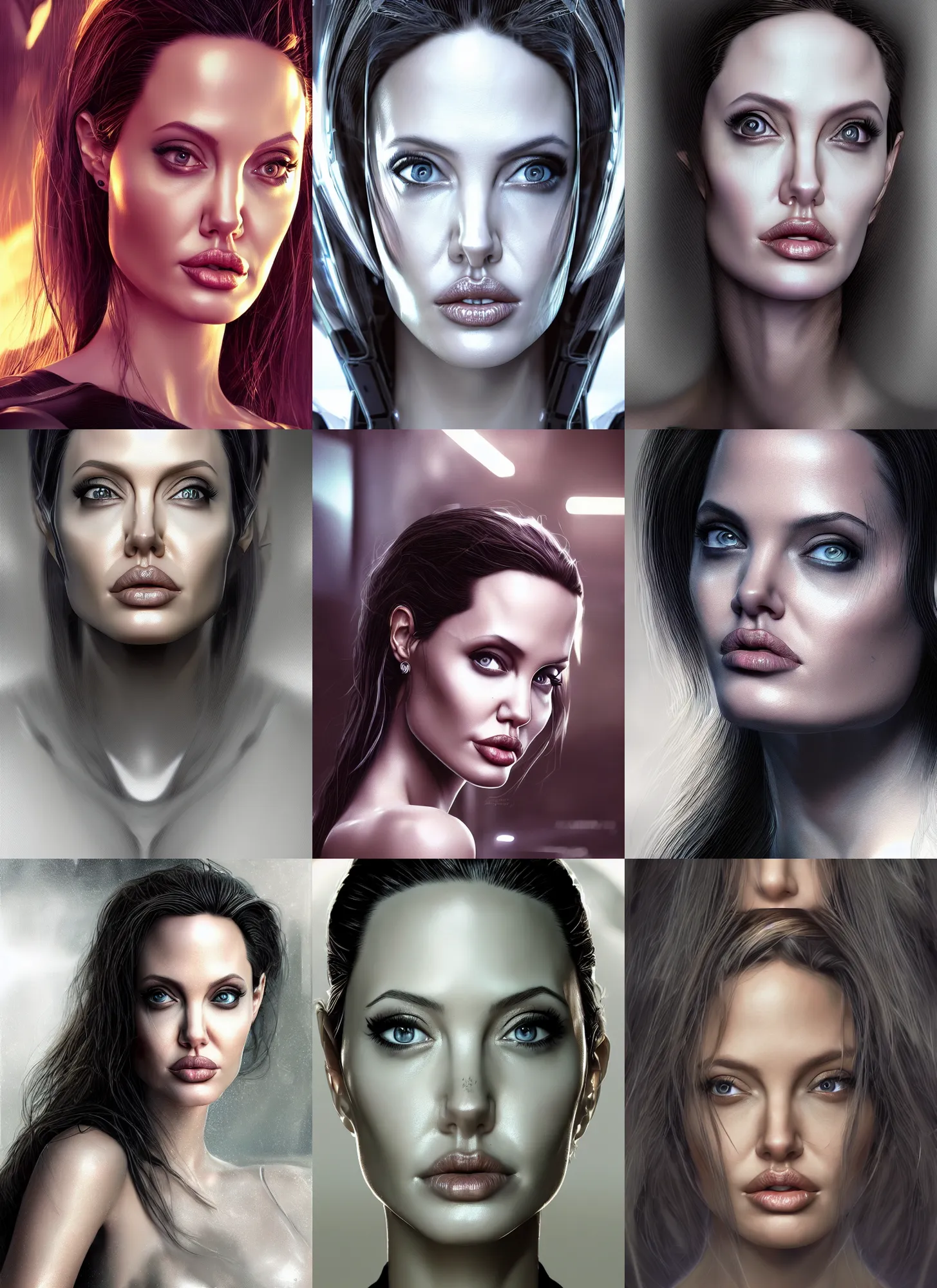 Prompt: portrait of beautiful cyber Angelina Jolie, young Angelina Jolie, cyberpunk, photorealistic, octane render, 35mm, coherent, intricate, 4k, intricate details, concept art, studio lighting, trending or artstation, award winning, beautiful scenery
