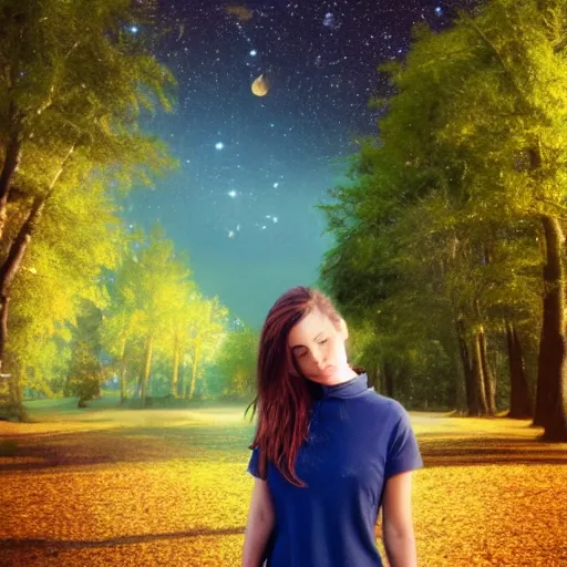 Image similar to an hd candid photo of a cute young woman with short brown hair and green eyes, beautiful trees in the background, night sky with stars and galaxies, trending on artstation