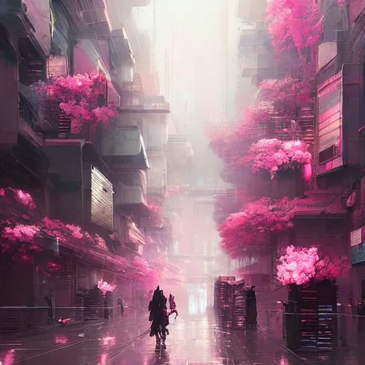 Prompt: a painting of a city street with pink flowers, cyberpunk art by wadim kashin, cgsociety, panfuturism, cityscape, dystopian art, anime aesthetic