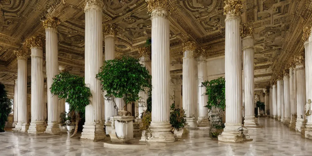 Image similar to grand roman palace, palatial, lush potted vegetation, painted statues, white columns