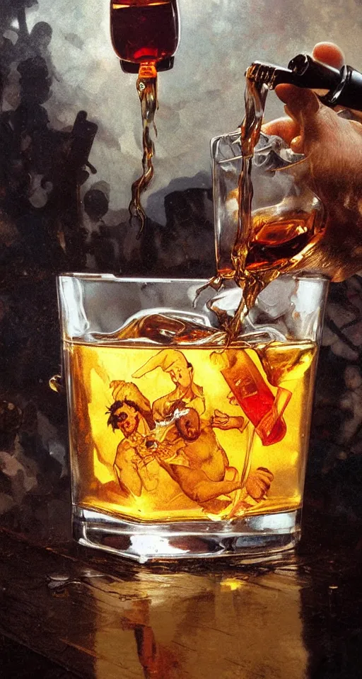 Image similar to close up of bloodied max payne pouring whisky, sun shining, photo realistic illustration by greg rutkowski, thomas kindkade, alphonse mucha, loish, norman rockwell.