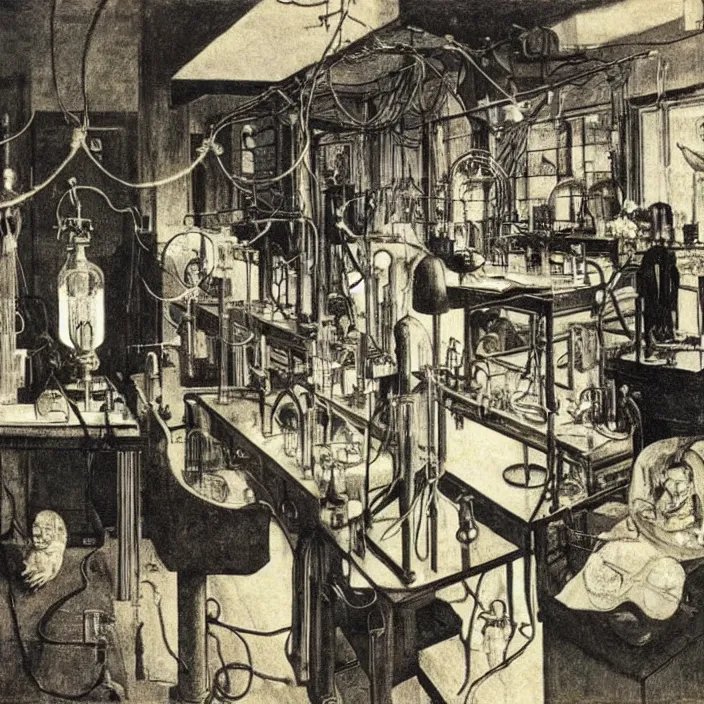 Prompt: the inventor in his laboratory with contraption, oceanian statues, cyberpunk, bioluminescent cables. lamp light. henri de toulouse - lautrec, jan van eyck, rene magritte, max ernst, walton ford, agnes pelton