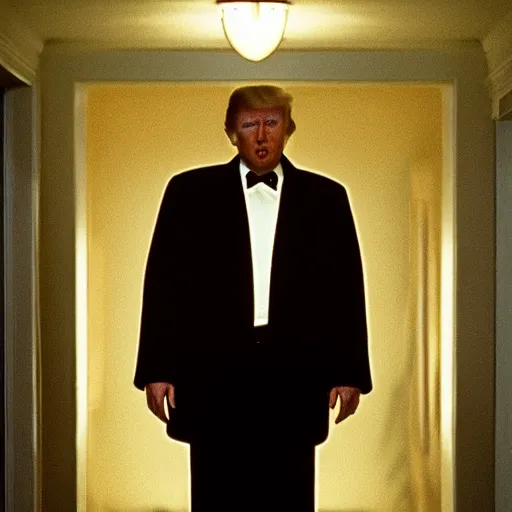 Prompt: still photo of donald trump in “ the shining ” movie