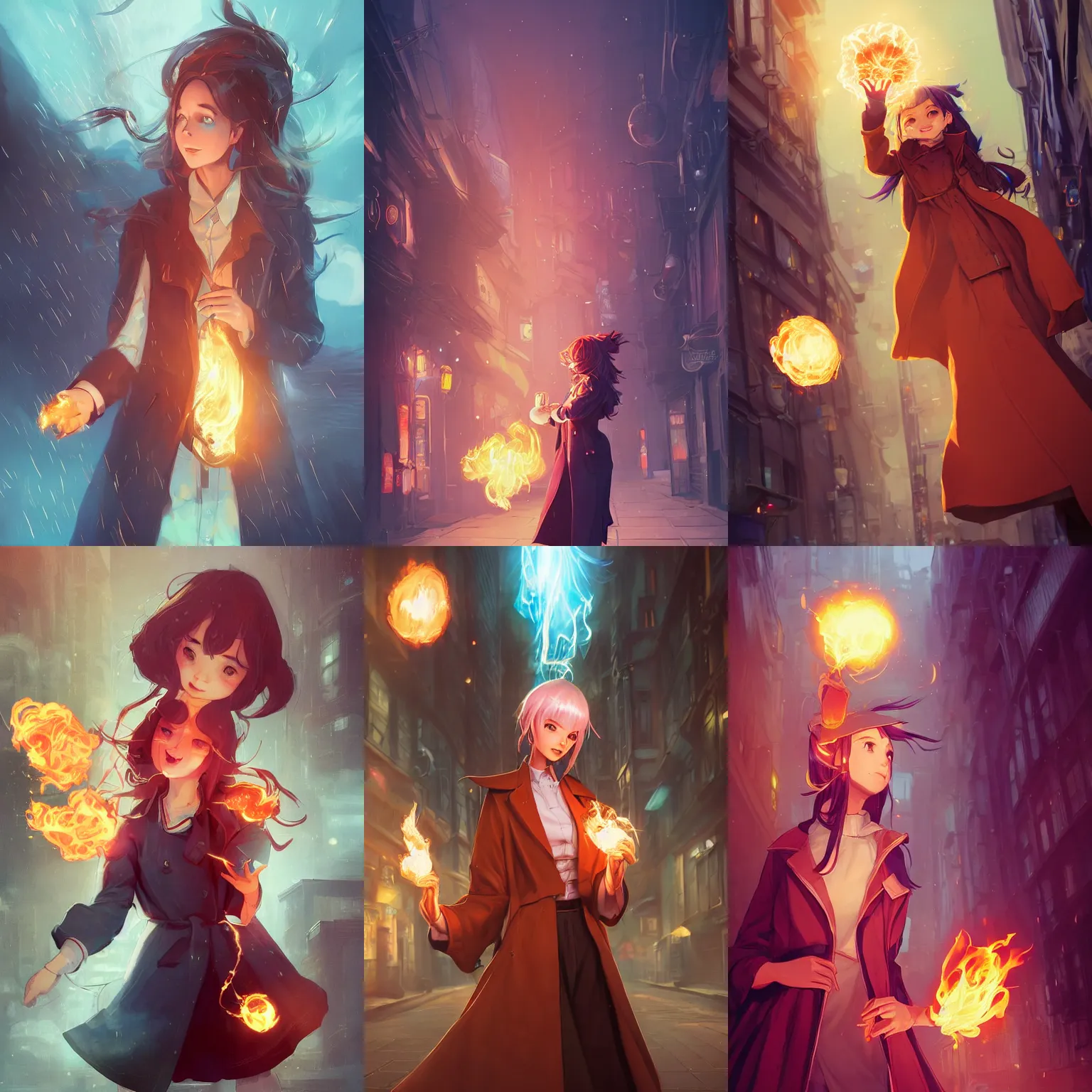 Prompt: a portrait of a cute female wizard wearing a flowing very stylish trenchcoat, holding a glowing fireball in her hand, fireball lighting her face from below, embers, urban fantasy setting, narrow street, vivid colors, warm lighting, atmospheric, cinematic, moody, in the style of Ilya Kuvshinov and Range Murata, Krenz Cushart, rule of thirds, oil on canvas, 8k