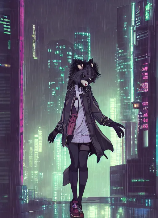 Image similar to character portrait of a female anthro hyena fursona with a cute beautiful attractive furry face and long black curly hair wearing stylish clothes in a cyberpunk city at night while it rains. hidari, color page, tankoban, 4K, tone mapping, Akihiko Yoshida.