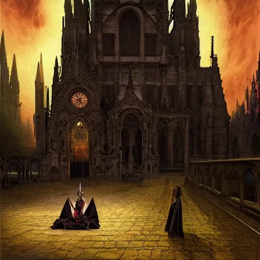 Image similar to Hyperrealistic Count Dracula playing a Gibson electric guitar in front of a gothic cathedral, by Antonio Caparo, Ferdinand Knab, Greg Rutkowski, Amano, and Karol Bak UHD, vivid colors, photorealistic trending on artstation