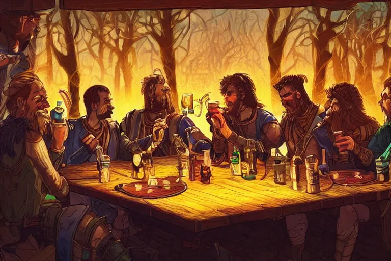 Prompt: warriors drinking at a table, irish, detailed faces, digital art, beautiful lighting, happy atmosphere, trending on artstation, by Dan Mumford