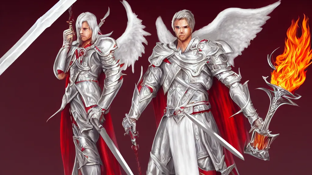 Image similar to male angel holding a flame sword, white metallic armor, red cape, detailed arms, intricate white armor, two arms, two legs, detailed fanart, rpg art, d&d art, macro art, digital art, DeviantArt, artstation, 8k HD