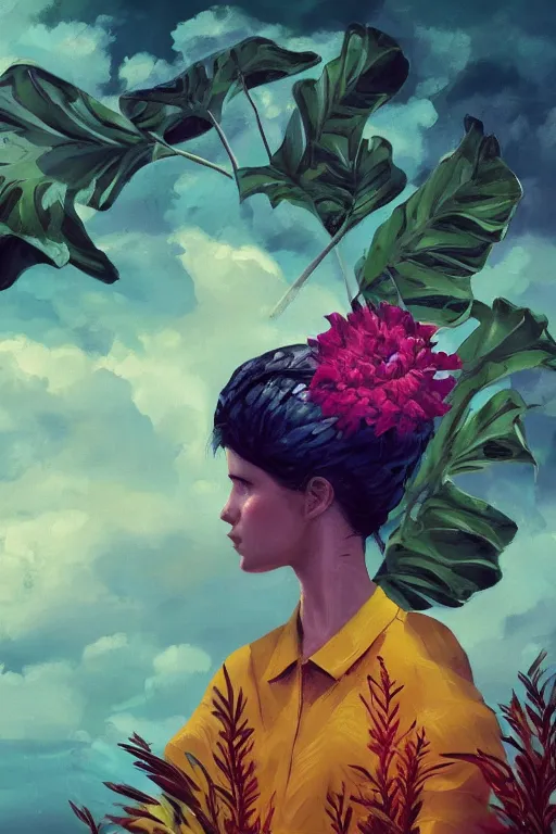 Image similar to closeup, girl with giant flower head, between monsteras, surreal photography, wind and cold, dramatic sky, impressionist painting, digital painting, artstation, simon stalenhag