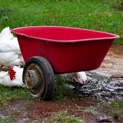 Image similar to so much depends upon a red wheel barrow glazed with rain water beside the white chickens