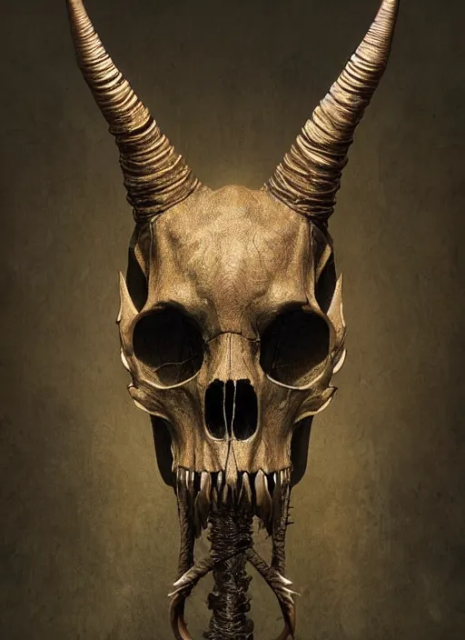 Image similar to portrait of realistic animal skull with long pointy alien horns, eerie glowing eyes, wall hanging trophy taxidermy, hyper realistic head, volumetric lighting, fantasy art, in the style of greg rutkowski, burne hogarth, intricate, alphonse mucha, hyper detailed, smooth