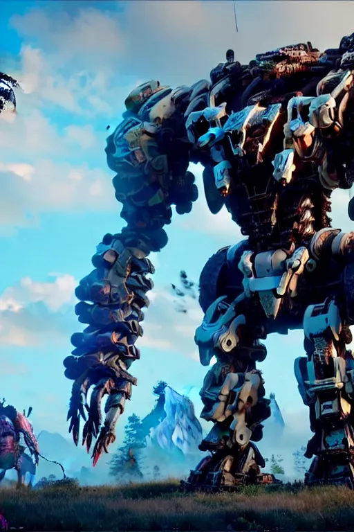 Image similar to a cinematic still from horizon zero dawn and pacific rim and westworld, full body ape mech, armored core, intact humanoid servo, octane render, nvidia raytracing demo, masterpiece, aged armor plating, decipticon armor plating, aggressive head, endoekeleton exposure