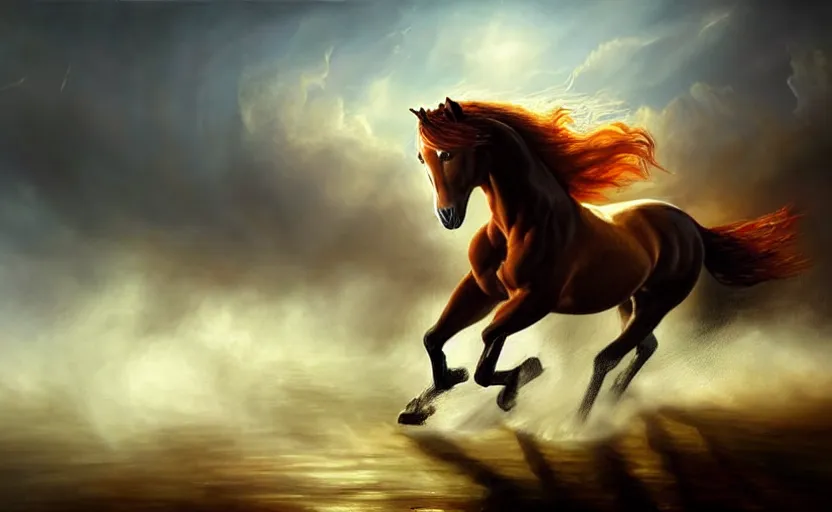 Image similar to a masterpiece oil painting of a proud horse galloping. wide angle, fantasy art, heroic lighting, very very very beautiful raytraced rendering, fog, finger of god, amazing wallpaper