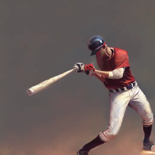 Image similar to baseball player hitting the ball with the baseball bat in the middle of the game and in front of everyone in the stadium, james gurney painting style, greg rutkowski, artstation