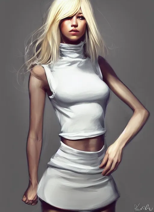 Prompt: girl # wearing white sleeveless turtleneck, pencil miniskirt, blonde hair. artstation trending, behance, by raymond swanland, ross tran #, alberto seveso #, by konstantin razumov #