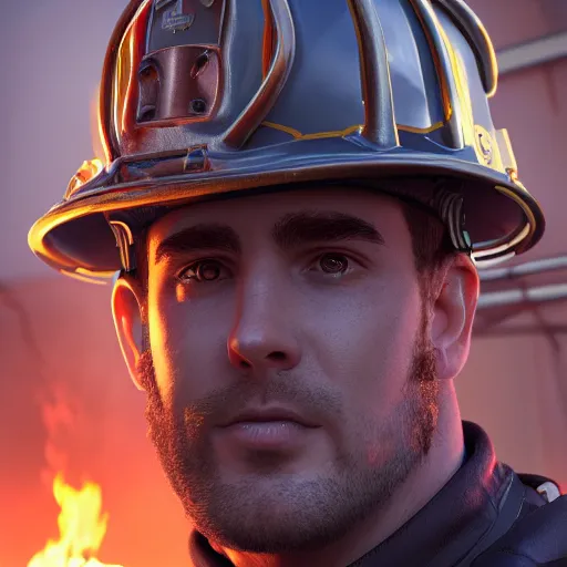 Image similar to portrait of fireman, 8 k uhd, unreal engine, octane render in the artstyle of finnian macmanus, john park and greg rutkowski