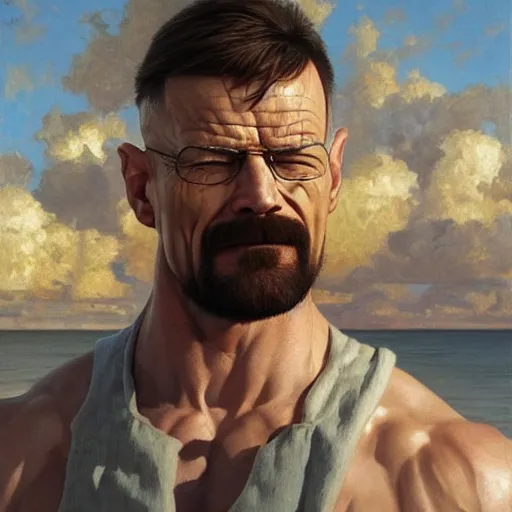 Image similar to the ultimate gigachad, incredibly muscular walter white, walter white with chiseled jawline, trending on / r / moreplatesmoredates, oil on canvas artstation by j. c. leyendecker and edmund blair leighton and charlie bowater octane render