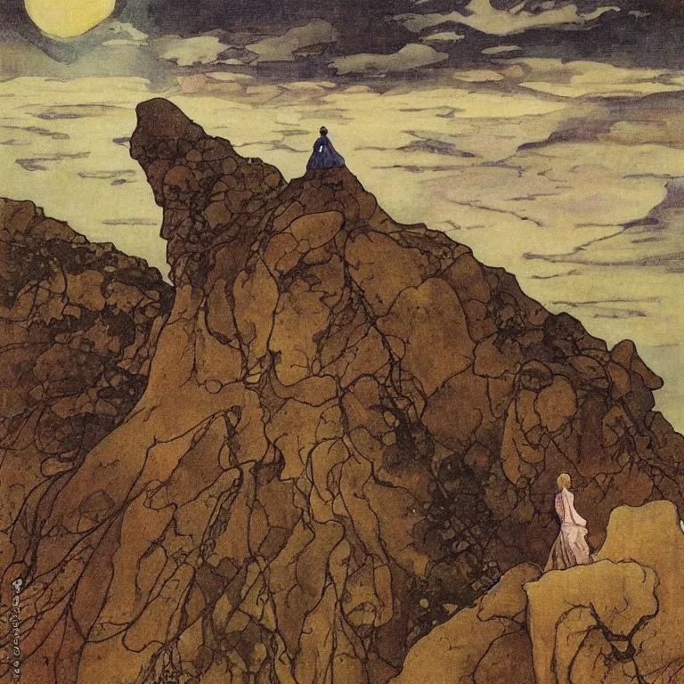 Image similar to A woman standing on a cliff, looking out at a storm Anton Pieck,Jean Delville, Amano,Yves Tanguy, Alphonse Mucha, Ernst Haeckel, Edward Robert Hughes,Stanisław Szukalski and Roger Dean