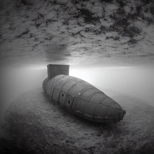 Image similar to photograph of an abandoned soviet submarine underwater, wide angle, dry ice, decay