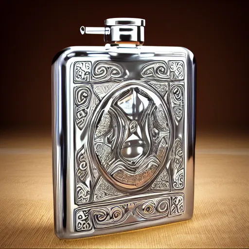 Image similar to transparent ancient magical potion flask engraved stallion, raytracing, caustics, orthographic 3d rendering