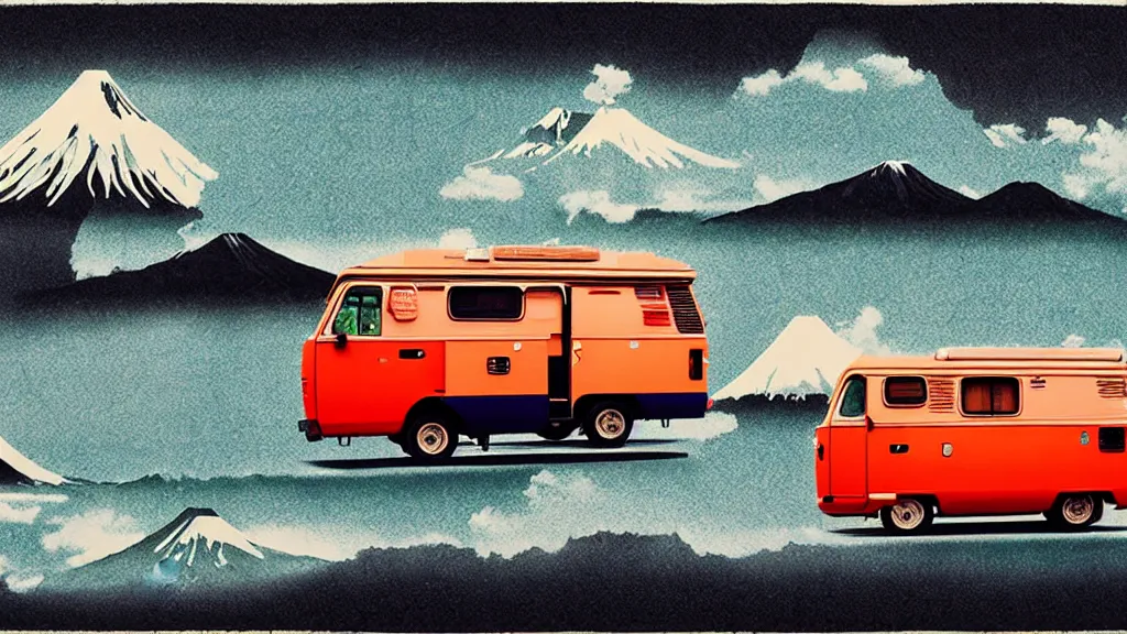 Prompt: japan various natural splendor and rural camper touring, a representational non - abstract collage painting, in the style of wes anderson, lola dupre, david hockney, isolated on negative space background dark monochrome neon spraypaint accents volumetric octane render