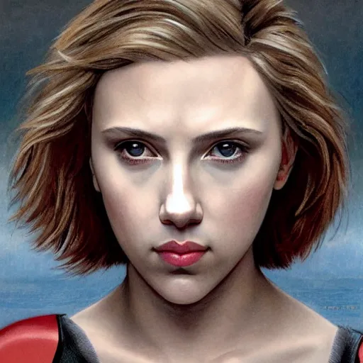 Prompt: headshot of scarlett johansson as the robot in ex machina by william bouguereau and louis rhead