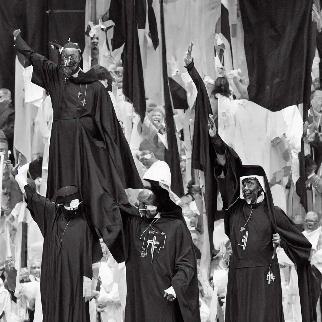 Image similar to black pope in a lgbt robe performing a nazi salute