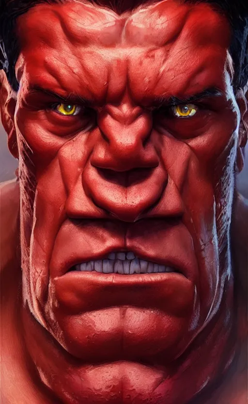 Image similar to Portrait of a Red Hulk, male, detailed face, fantasy, highly detailed, cinematic lighting, digital art painting by greg rutkowski