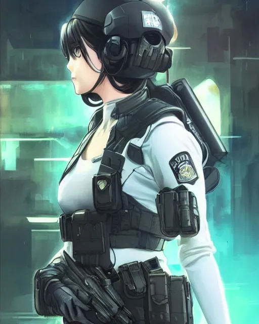 Image similar to anime key visual of a young female swat officer, neon, cyberpunk, futuristic, white top, black vest, stunning, highly detailed, digital painting, artstation, smooth, soft focus, illustration, art by artgerm and greg rutkowski and alphonse mucha