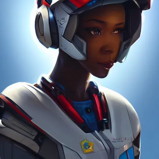 Image similar to portrait cartoon manga anime render of a strikingly gorgeous nigerian 👩🏿, wearing an intricate gundam pilot helmet, rossdraws, artgerm, norman rockwell, emiliano ponzi, epic composition, hd, octane, unreal engine, volumetric lighting, light rays, masterpiece, award - winning