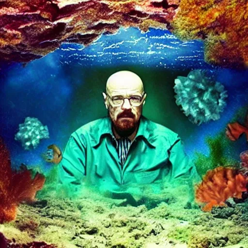 Prompt: walter white in a castle underwater, photo, deep sea, colorful