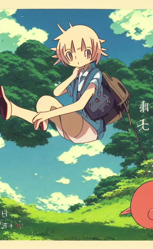 Image similar to a pocket monster go card from 1 9 5 0, illustration, clear sky background, lush landscape, concept art, anime key visual, trending pixiv fanbox, by wlop and greg rutkowski and makoto shinkai and studio ghibli and kyoto animation and ken sugimori, symmetrical facial features, short hair, hair down, a beetle trainer, box art