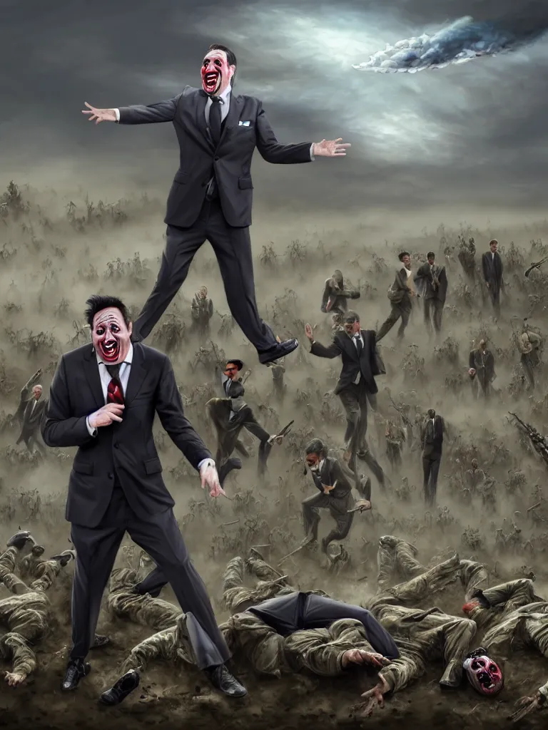 Image similar to a Comedian in suit and tie performing in a battle field with smiling dead bodies on the ground, comedian is funny, performing to dead soldiers, nuclear bomb cloud in far horizon, apocalypse, trending on artstation, artstationHD, hyperdetailed matte painting, highly detailed, digital painting, hyper-realistic, realistic, photo-realistic