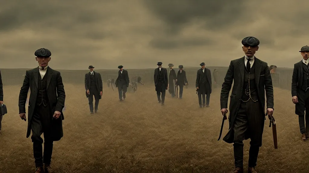 Image similar to the peaky blinders made of of peanuts, film still from the movie directed by denis villeneuve with art direction by zdzis