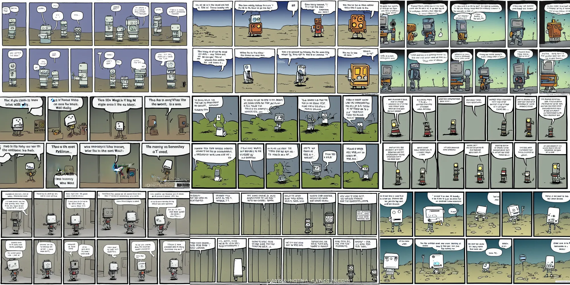 Prompt: 3 panel cartoon strip about a lonely robot, by bill watterson