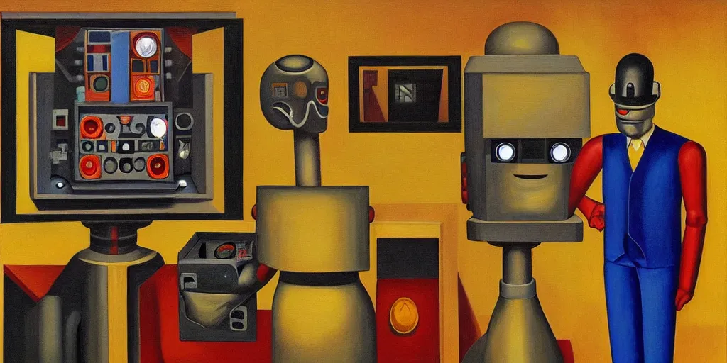 Image similar to robot using a control panel portrait, lowbrow, pj crook, grant wood, edward hopper, oil on canvas