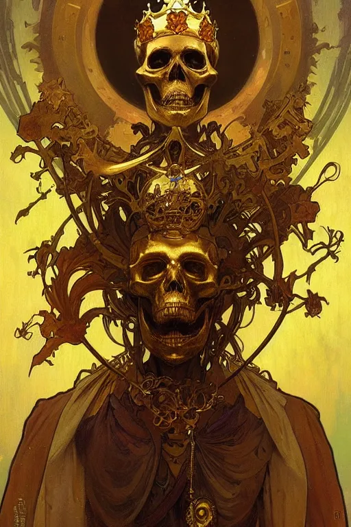 Image similar to A skeleton wearing golden mask, fantasy, crown, painting by greg rutkowski and alphonse mucha