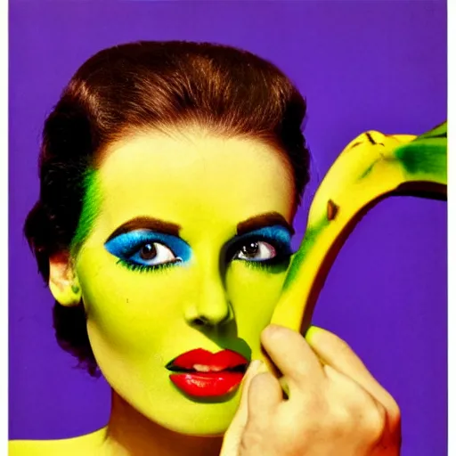 Prompt: a woman with green and yellow makeup holding bananas, a pop art painting by bert stern, trending on behance, pop art, pop art, surrealist, photoillustration