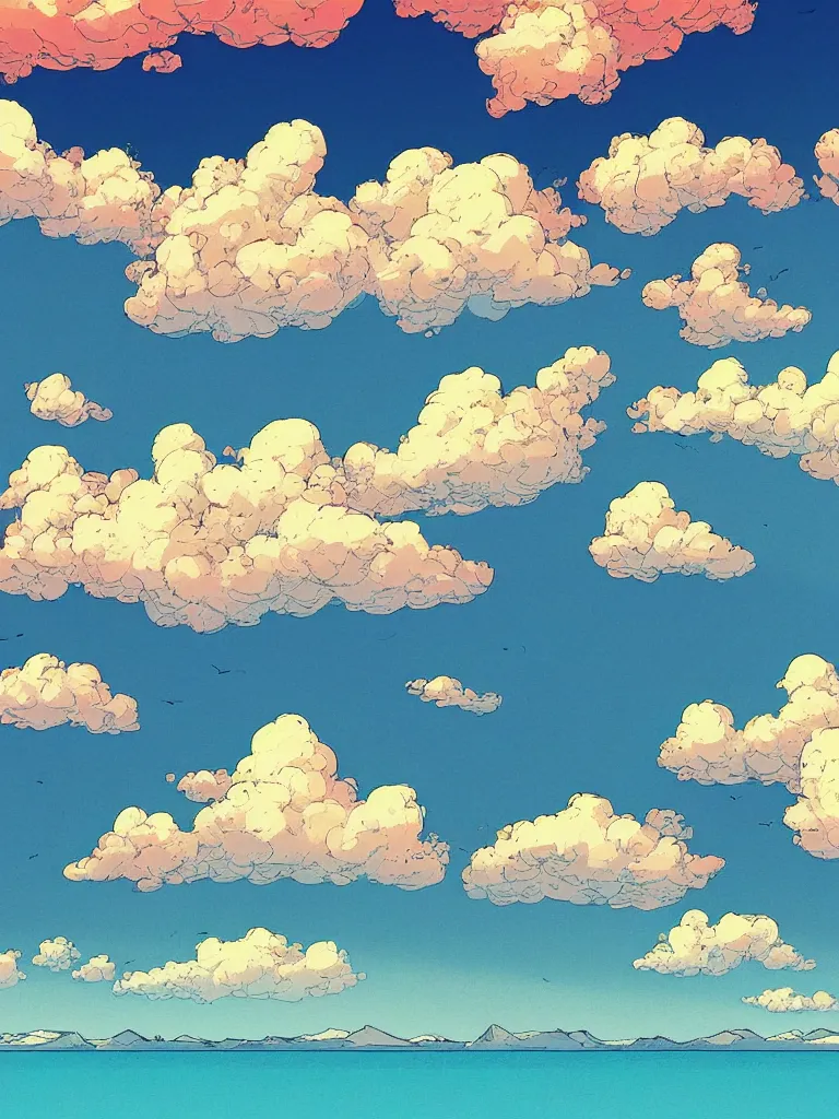 Prompt: a digital art of a close up view of a field, the beach, mountain and the sea at noon, beautiful sky and clouds, colorful, by laurie greasley, artstation, studio ghibli color scheme