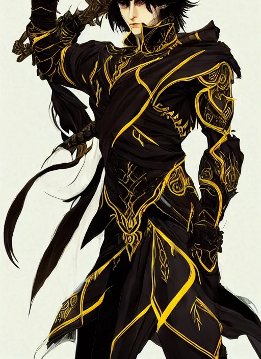 Image similar to Half body portrait of a handsome elven wind mage with short brown black hair wearing ornate dark yellow attire. In style of Yoji Shinkawa and Hyung-tae Kim, trending on ArtStation, dark fantasy, great composition, concept art, highly detailed, dynamic pose.