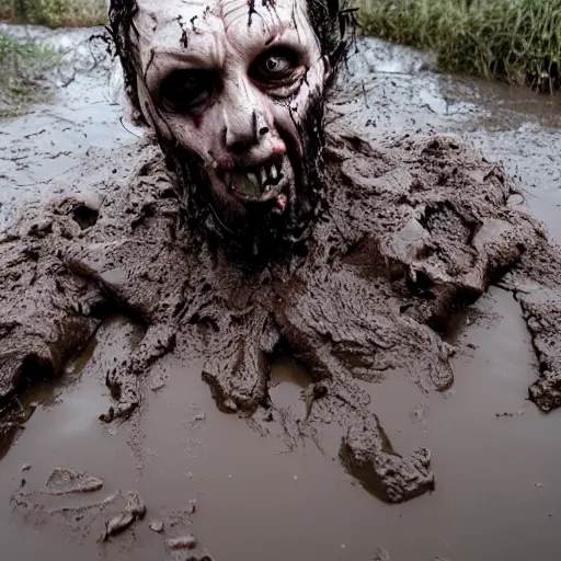 Prompt: 8 k photo of a horror villain stuck in mud, he is sad that his dark clothes are muddy.