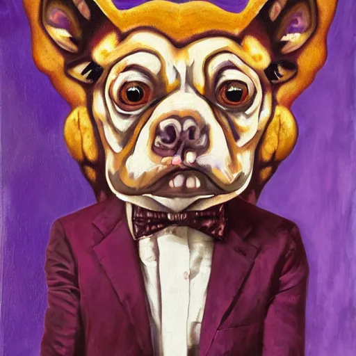 Image similar to Portrait of a psychotic crossbreed between a rabid dog and a toad, in a purple suit, oil painting