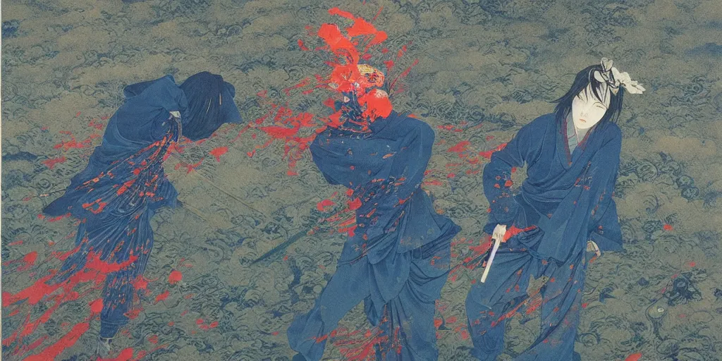 Prompt: Japanese schoolgirl runs away from Samurai with a katana on the subway, high detailed Beksinski painting, part by Adrian Ghenie and Gerhard Richter. art by Takato Yamamoto. deep colours, blue