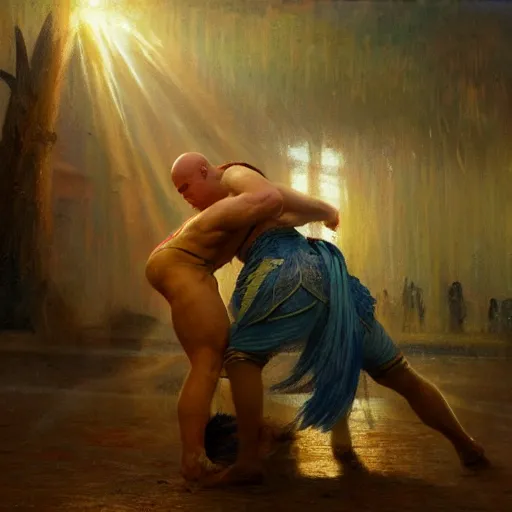 Image similar to bald wrestler breaking blonde wrestler's back, radiant light, caustics, heroic, bright iridescent light, by gaston bussiere, bayard wu, greg rutkowski, maxim verehin, epic wrestling combat, legendary