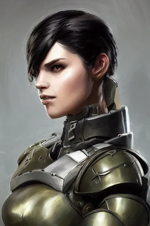 Image similar to a professionally painted portrait of an attractive young woman, clothed in military armor, olive skin, long dark hair, beautiful bone structure, symmetrical facial features, intricate, elegant, digital painting, trending on Artstation, concept art, smooth, sharp focus, illustration, from Metal Gear by Ruan Jia and Mandy Jurgens and Artgerm and William-Adolphe Bouguerea, award winning