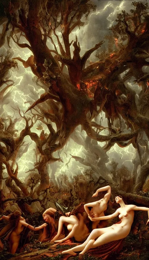 Image similar to a storm vortex made of many demonic eyes and teeth over a forest, by guillaume seignac